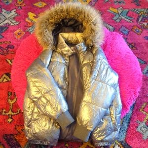 Silver girls puffy, hooded, Justice coat size 8/10